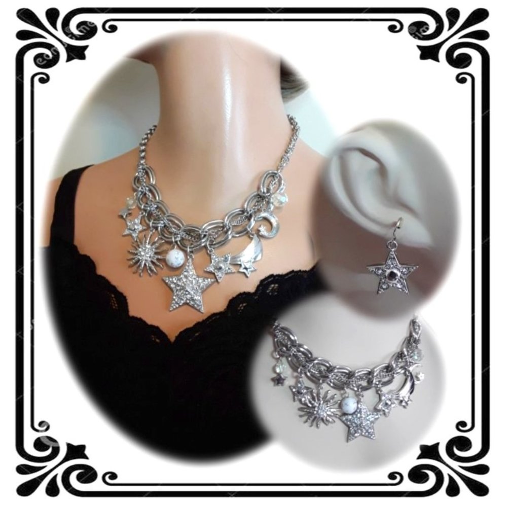 Stars, Moon and Sun Silver Necklace with Earrings